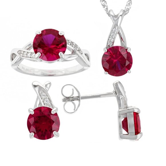 Red Lab Created Ruby Rhodium Over Sterling Silver Jewelry Set 9.67ctw - Picture 3 of 13